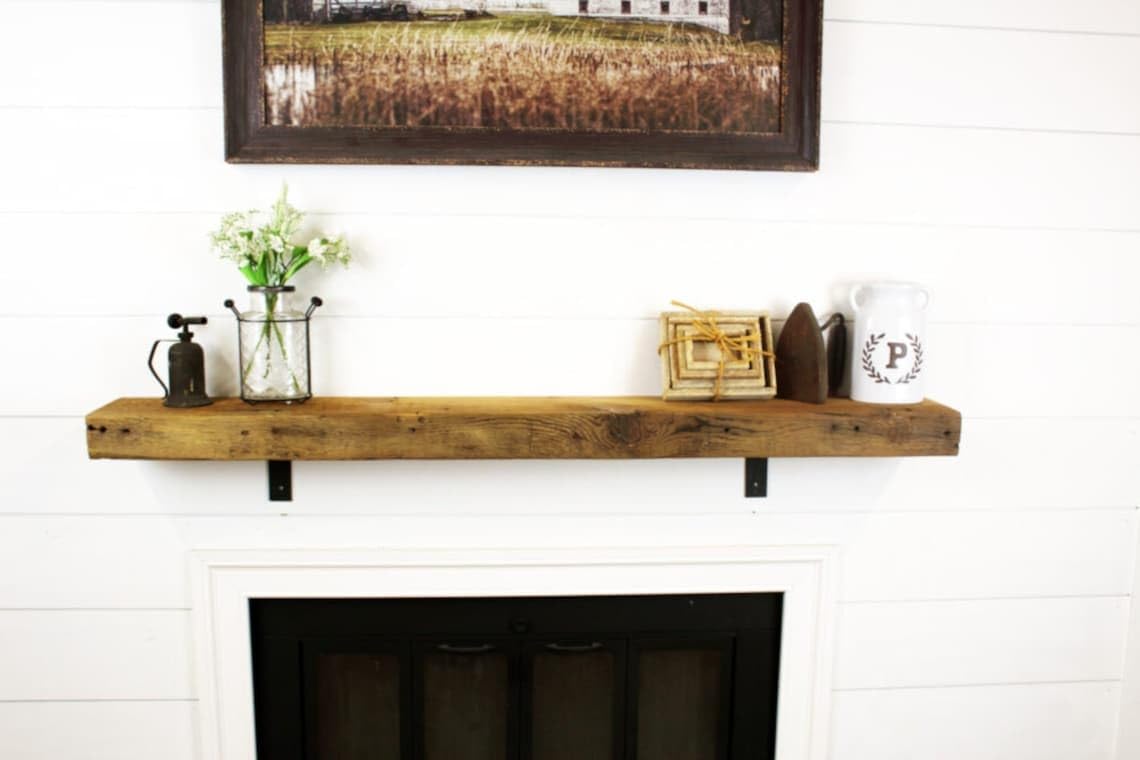 Modern Timber Craft Reclaimed Wood Fireplace Mantel Shelf | Solid Rustic American Barnwood with Steel Floating Shelf Brackets | 2.75" Thickness | 96" L x 5" D, Jacobean, Planed and Sanded