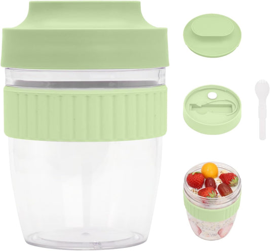 Breakfast On The Go Cups, Overnight Oats Containers With Lid And Folding Spoon, Take And Go Yogurt Cereal Snack Parfait Salad Containers For Lunch, Fruit & Vegetable Jar, 20 oz(Green)