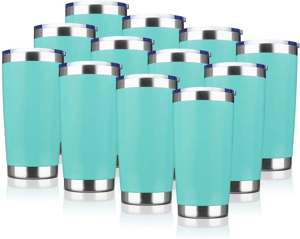 20oz Tumbler Bulk Stainless Steel Vacuum Insulated Tumblers with Lid Double Wall Travel Mug, Powder Coated Coffee Cup, Suitable for Ice Drinks and Hot Beverage (Light blue 12pack)