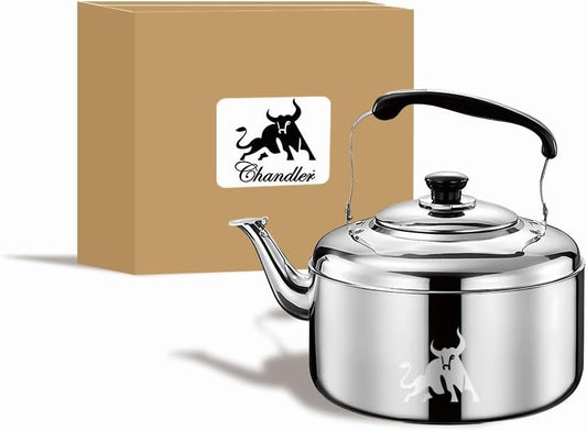 Chandler 5 Liter Tea Pots, Vintage Tea Kettle - 0.4mm Stainless Steel Pot - Hard to Dent | Ergonomic Handle with a Cool Grip | Portable Tea Kettle For Camping (Silver Color)
