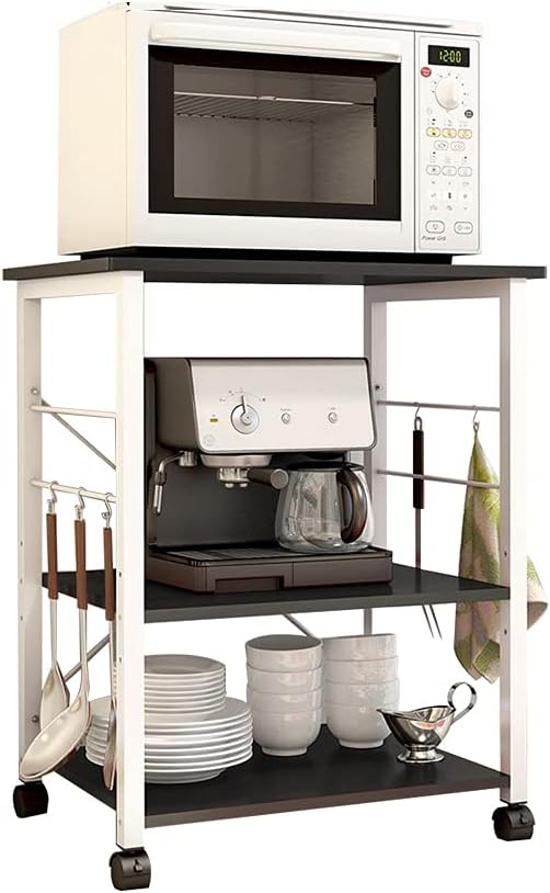 DlandHome Standing Baker's Rack Appliance Table Small Rolling Cart, 3-Tier Kitchen Rack Utility Storage Shelf Microwave Stand, W4-Black