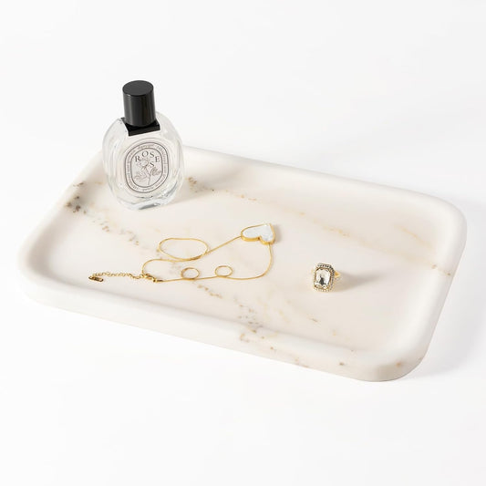 Koville Marble Tray, 12"x8" Marble Vanity Tray for Bathroom Kitchen Countertop, Rectangular Stone Tray for Cosmetics Perfume Trinket, Decorative Catchall Trays (Oriental Calacatta)