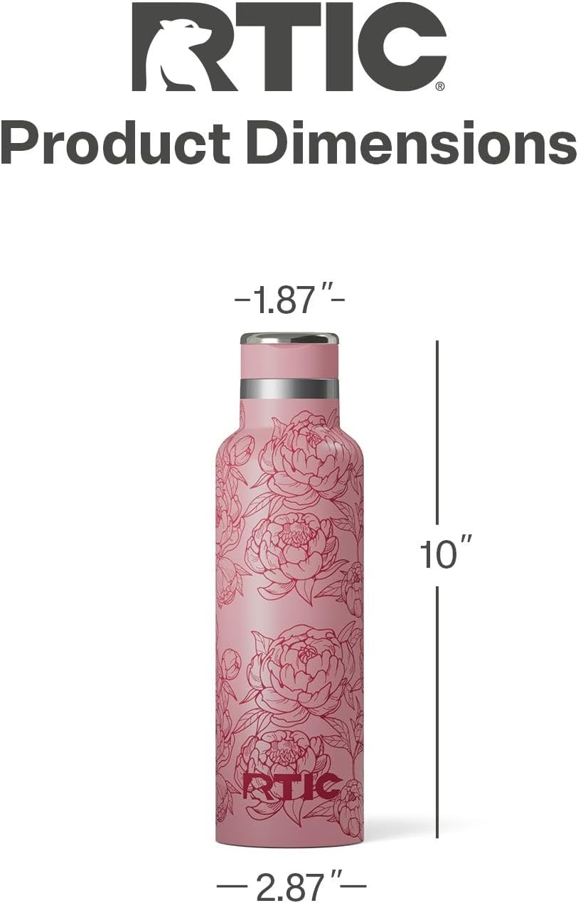 RTIC 20oz Journey Bottle Metal Stainless Steel Vacuum Insulated, BPA Free, Reusable, for Water, Hot and Cold Drinks, Travel, Sports, Camping, Pink Peonies