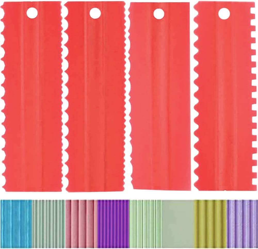 Adjustable Cake Scraper Smoother Tool,Cake Scraper Set,Double Sided Patterned Edge Smoothe Plastic Sawtooth Comb,Bench Scraper For Cake Decorating,Baking,cream Icing Smoother(4+1Pack)(Red,Blue)