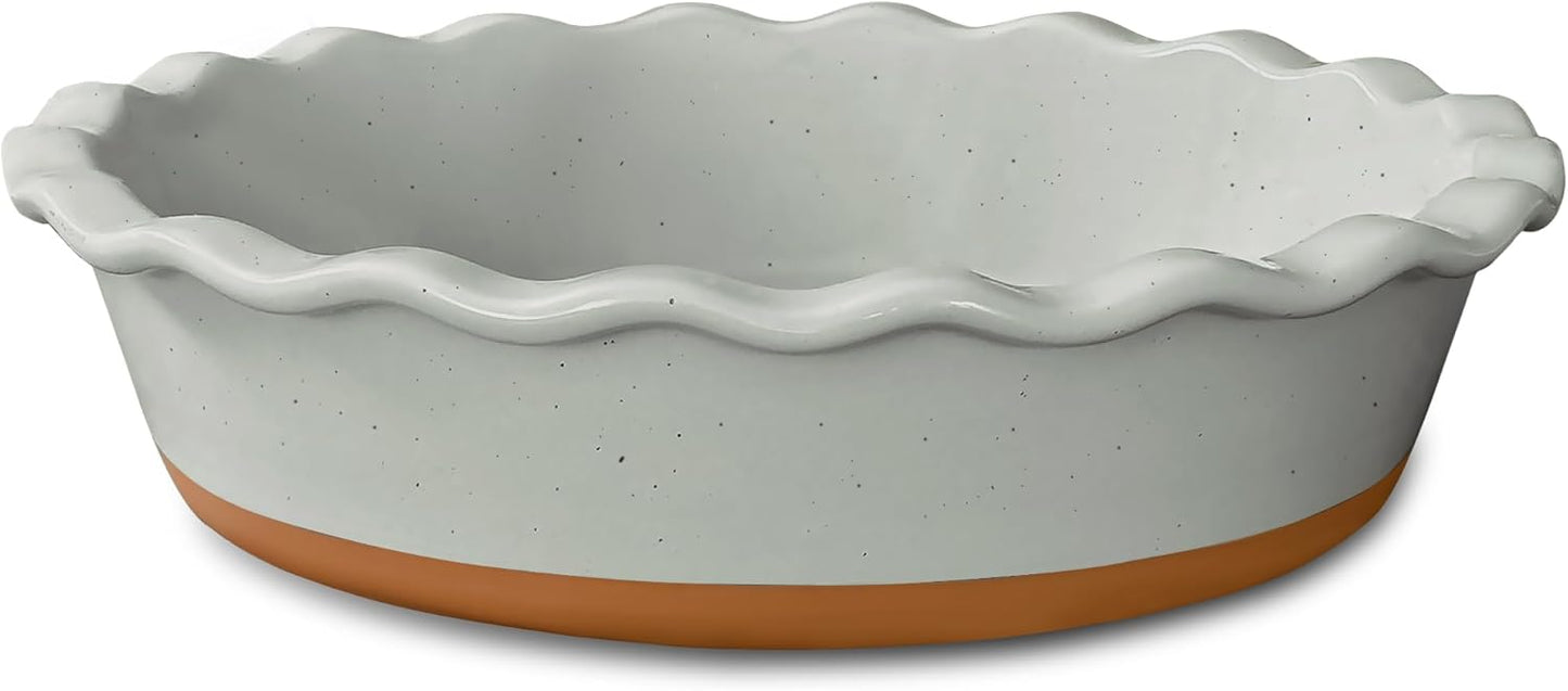 Mora Deep Fluted Ceramic Pie Dish for Apple Pie, Quiche, Tart - 9 inch - Modern Farmhouse Style Porcelain - Earl Grey
