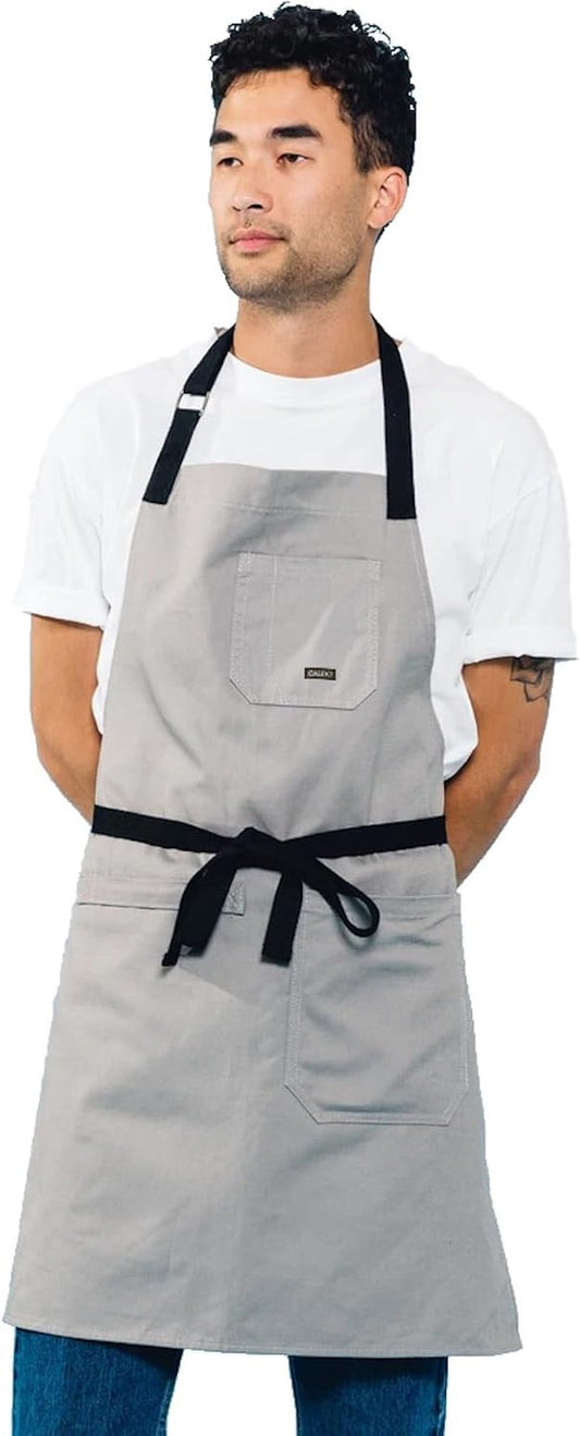 Caldo Daily Cotton Kitchen Apron for Cooking- Mens and Womens Professional Chef or Server Bib Apron - Adjustable Straps with Pockets and Towel Loop (Grey)