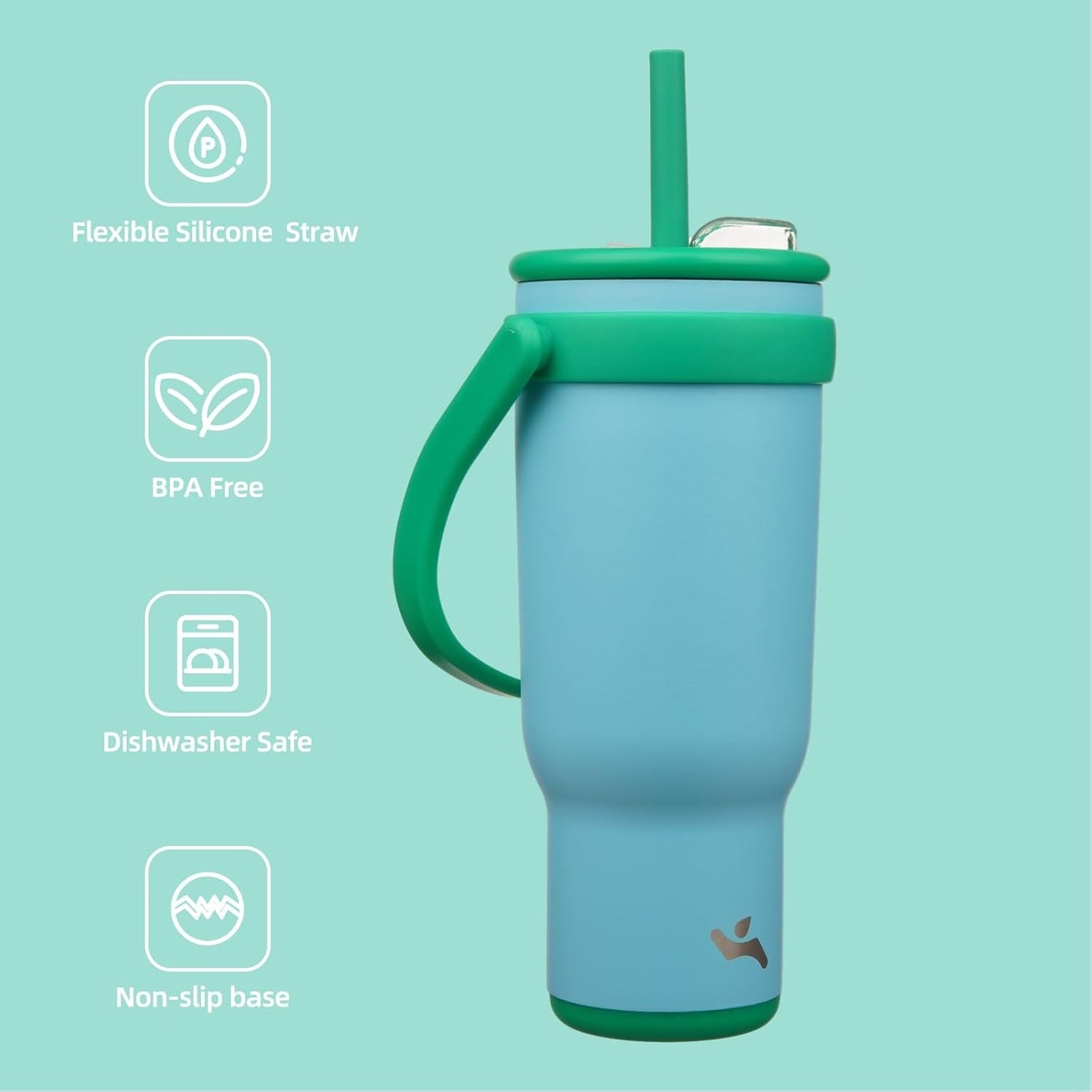 40 oz Tumbler with Side Handle, Insulated Water Bottle with Straw and 2 in 1 Lid, Stainless Steel Cup Travel Coffee Mug for Sports Office Gym,Ice Blue