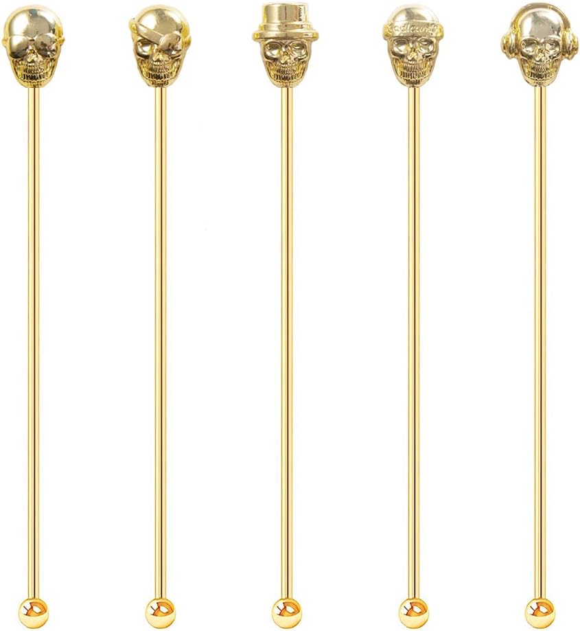 Skull Shape Swizzle Sticks, Reusable Stainless Steel Coffee Beverage Stirrers Cocktail, 5-Pack Drink Stir Sticks for Bar Party Home Office (Gold)