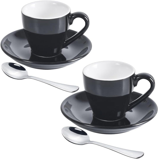 Porcelain Espresso Cup with Saucer And Stainless Steel mini Spoons, Espresso shot Cup, 80ml/2.7Oz, Pack of 2, Black