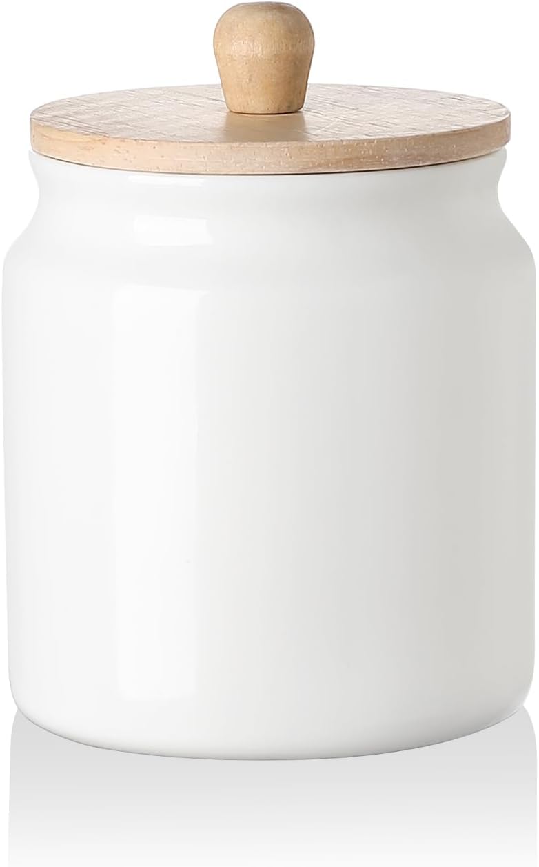 Sweejar Ceramic Kitchen Canisters, Porcelain Food Storage Jar with Airtight Seal Wooden Lid, Home Container Serving for Coffee Beans, Tea-leave, Sugar, Salt and More (White, XS(6.8 FLOZ))