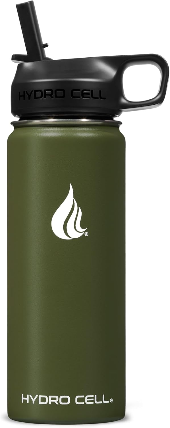 HYDRO CELL Stainless Steel Insulated Water Bottle with Straw - For Cold & Hot Drinks - Metal Vacuum Flask with Screw Cap and Modern Leakproof Sport Thermos for Adults (Army 18oz)