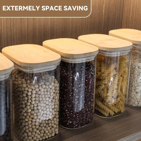 Glass Storage Jars with Airtight Bamboo Lids - Stackable Kitchen Canisters for Candy, Cookies, Rice, Sugar, Flour, Pasta