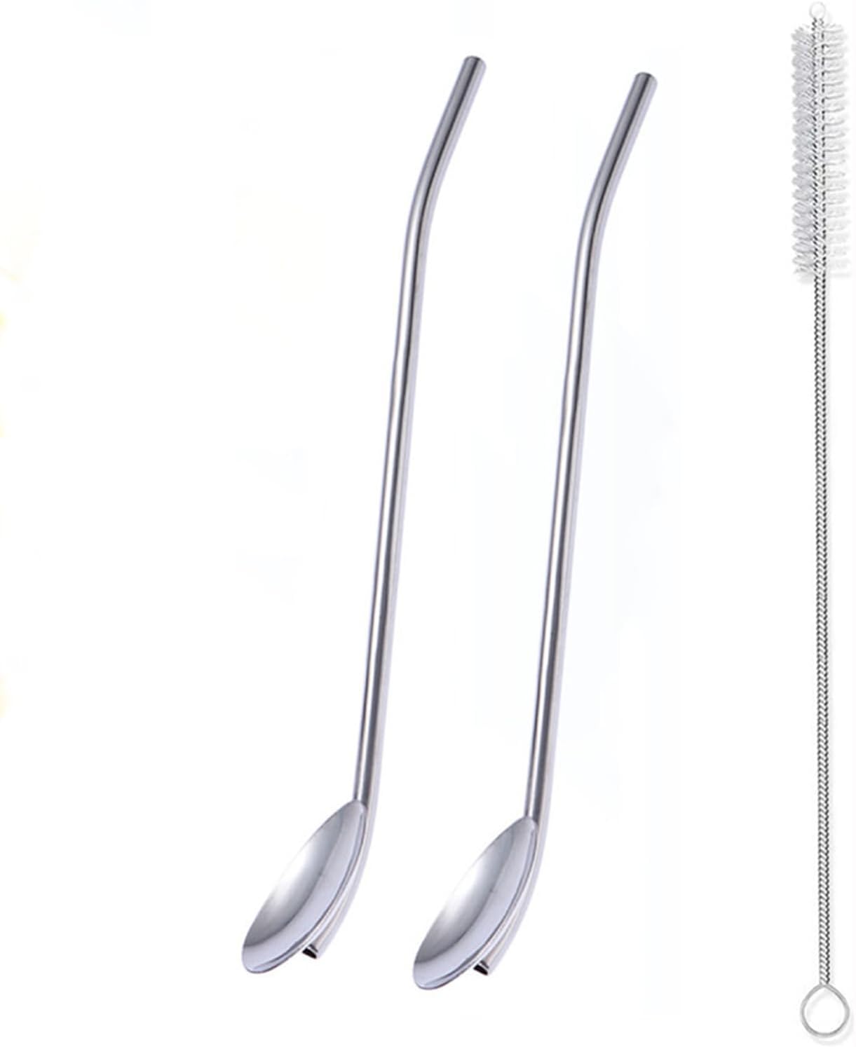 2Pcs Stainless Steel Straws Spoons, Reusable Metall Straws Spoon with 1 Cleaning Brushes,2 in 1 Snow Cone Straws Drinking Reusable Stainless Steel Ice Tea Long Spoons Straws for Cocktail Milkshake (2)