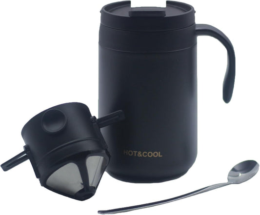 Portable 16oz Pour Over Coffee Maker with Foldable Filter & Stirrer – Insulated Stainless Steel Travel Cup with Lid – No Paper Filter Needed, BPA-Free, Black – For Home, Office, Camping, Backpacking