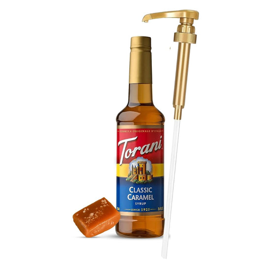 Jimoco® Syrup Pump Dispenser + Torani® Caramel Syrup, 25.4 oz - Coffee Syrup Pump & Flavoring Bundle