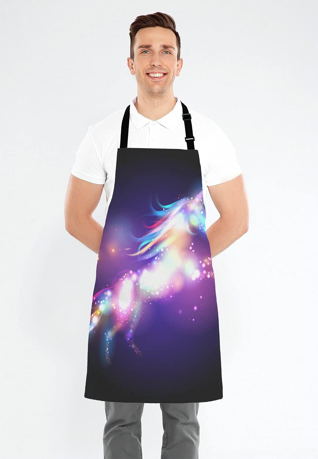 Unicorn Magic Design With Stars Adjustable Bib Apron, Unicorn Rainbow Galaxy Space Cooking Kitchen Apron for Men Women