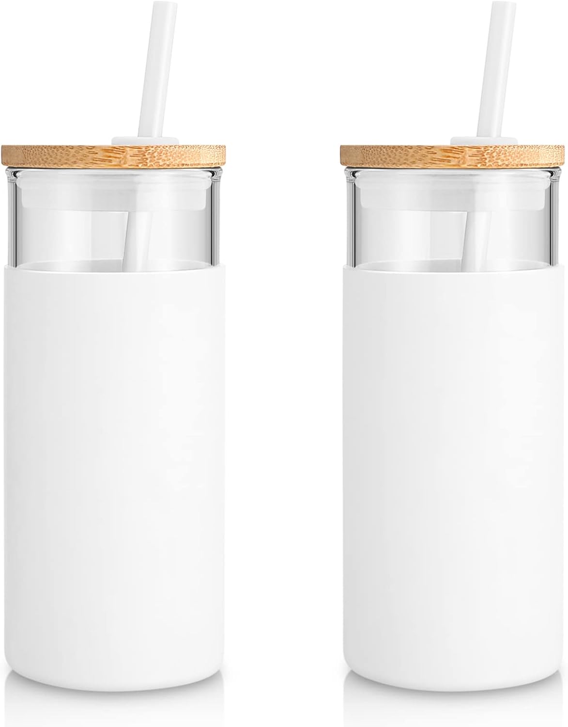 Tronco 20 oz Glass Tumbler With Lids and Straws, Glass Water Bottle Silicone Protective Sleeve, Iced Coffee Cup With Bamboo Lid, Reusable Smoothie Cup, BPA Free (White 2 Count)