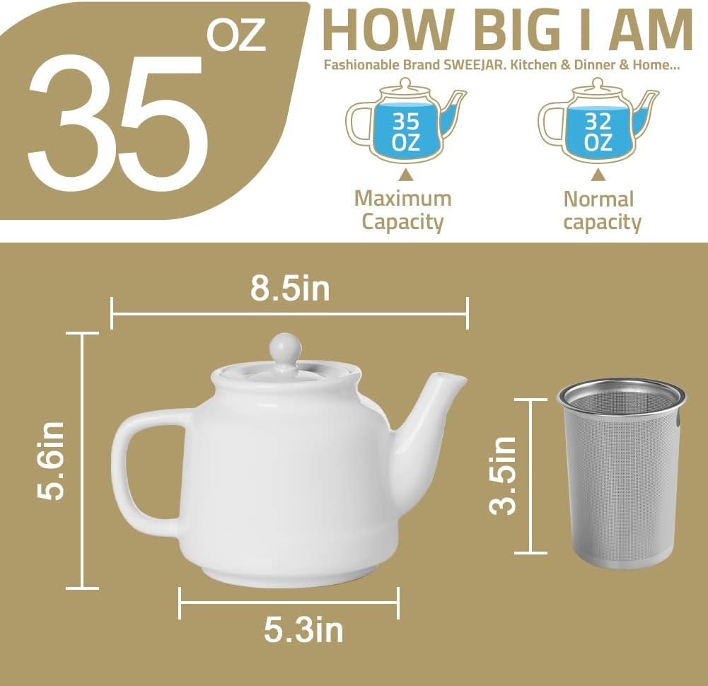 Sweejar 35 oz Porcelain Tea Pot, Teapot with Removable 18/8 Stainless Steel Infuser, Microwave & Dishwasher Safe Tea Maker, Tea Infuser Pots for Blooming loose Leaf Tea,Chrismas Women Gift (Turquoise)