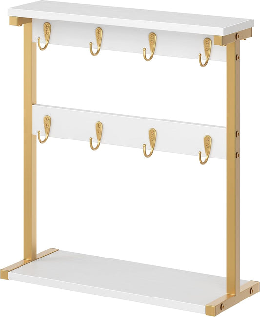 Coffee Mug Holder for Counter, 2 Tier Mug Tree Rack, with 8 Hook and 2 Open Shelves, Vintage Mug Holder Stand for Home Kitchen, White and Gold MH43DW