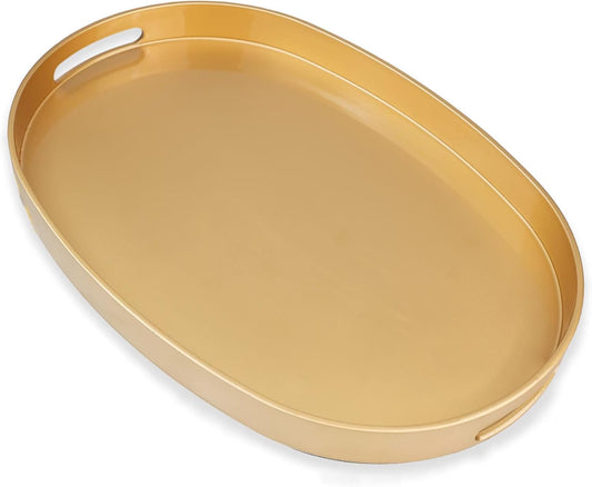 Gold Oval Decorative Tray with Handles, Versatile Serving Tray for Coffee Table, Ottoman, Ideal for Serving, Displaying, Organizing, 15.3"*10.6"*1.37"