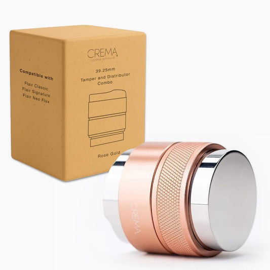 Crema Coffee Products 39.25mm Hand Tamper & Coffee Distributor V2 | Compatible with Flair Classic, Signature,and Neo|Double-Sided, Adjustable Depth Tool|Made with Durable 304 Stainless Steel|Rose Gold