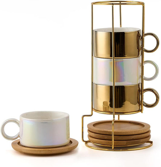 LUKA Porcelain Espresso Cup with Saucers and Metal Stand - 6 Ounce Stackable Ceramic Demitasse Espresso Mugs Cappuccino Cups Set for Latte, Coffee, Cafe Mocha, Tea - Set of 4,Shimmer Golden