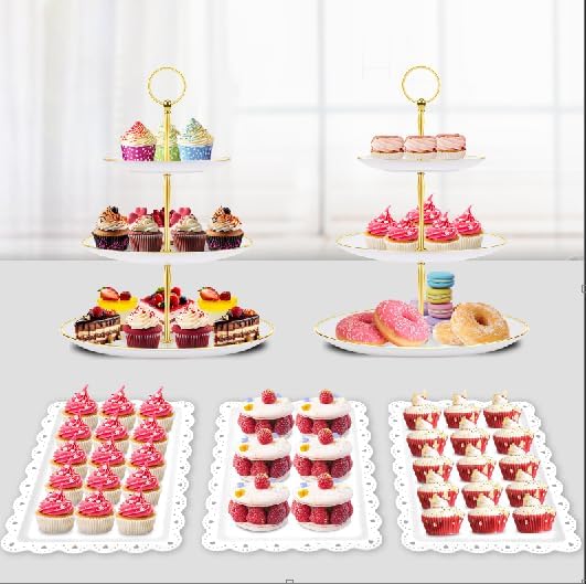 PinCute 5 Pcs Dessert Table Display Set - 2 X Cupcake Stand Holder/Cup Cake Tier Tower & 3 X Serving Tray Combo for Tea Party, Birthday, Baby Shower (Round)