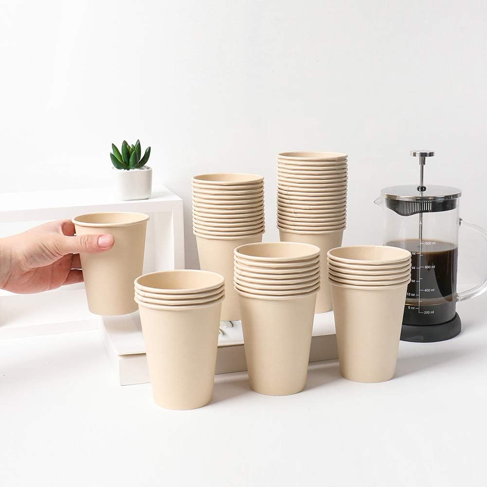 100 Count 12 oz Plant Fiber Disposable Light Brown Paper Coffee Cups, Perfect for Hot Drink, Hot Coffee, Hot Cocoa, Hot Tea, 12oz Water cups