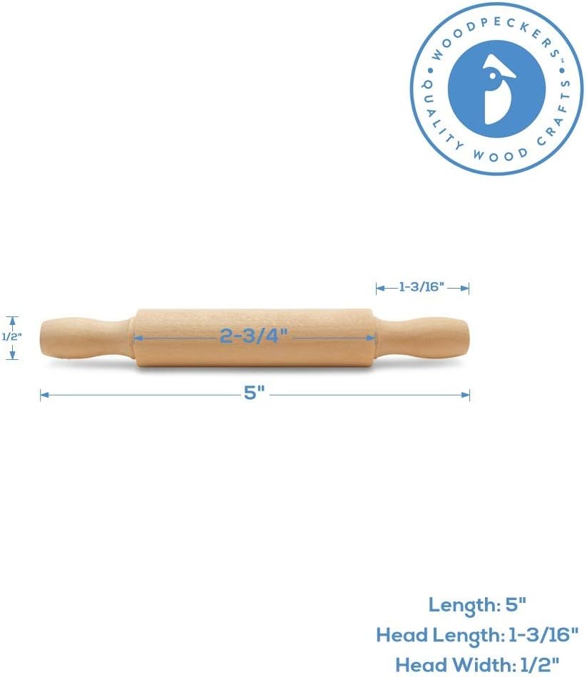 Wooden Mini Rolling Pin, 5 Inches Long, Pack of 6, Great for in The Kitchen, Play-doh, Crafting and Imaginative Play, by Woodpeckers