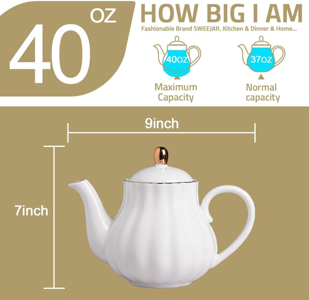 Sweejar Royal Teapot, Ceramic Tea Pot with Removable Stainless Steel Infuser, Blooming & Loose Leaf Teapot - 40 Ounce (Turquoise)