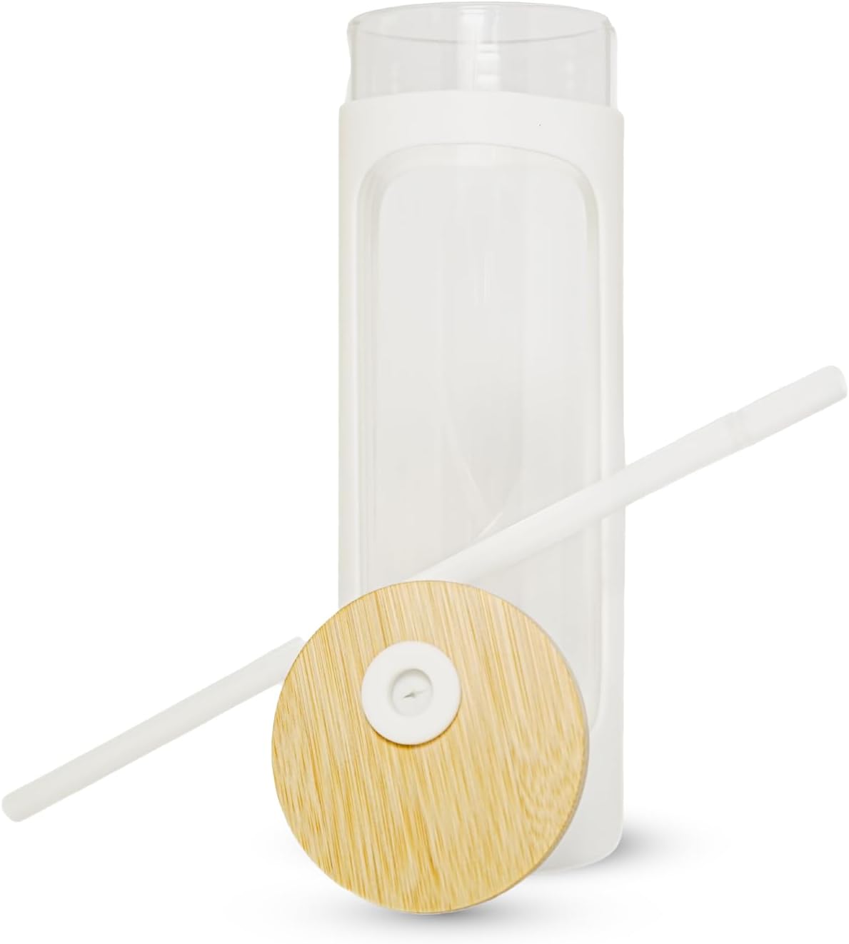 haelo 20oz Glass Tumbler Water Bottle, Iced Coffee Cup with Straw, Silicone Protective Sleeve, Bamboo Lid Reusable BPA Free (White)