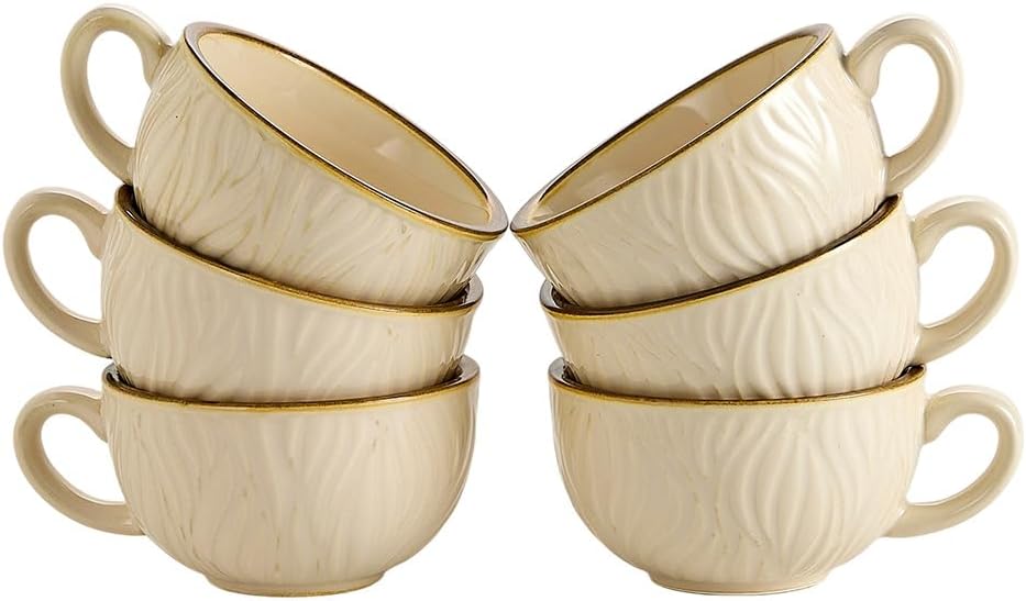 Set of 6 Vintage Design 12 oz Professional Barista Ceramic Latte Art Cappuccino Cups Set (Wave Beige)
