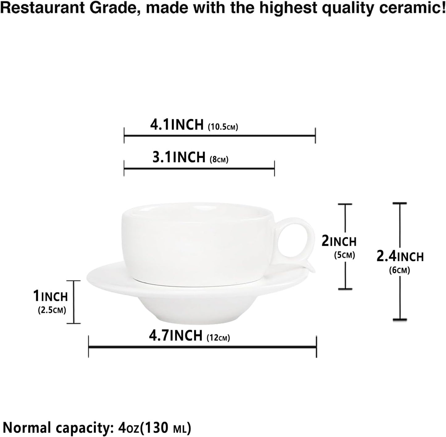 Italian Style Porcelain Espresso Cup Set - 4 Demi Tasse Cups, 4 oz Each