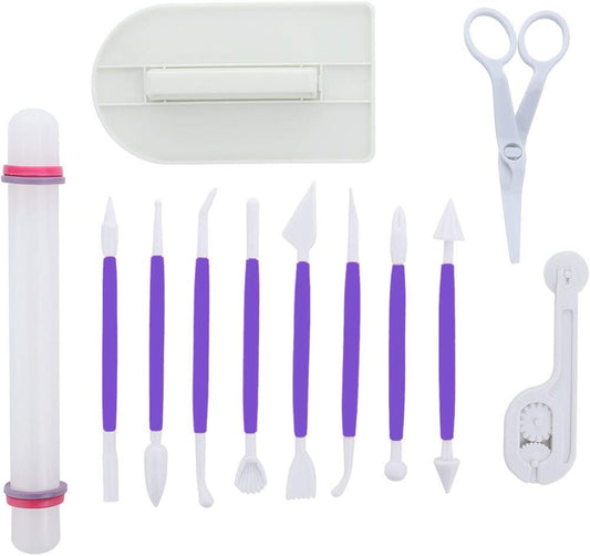 Marshmallow Fondant Cake Decorating Hand Tool 12 Pcs 5 Sets Sugarcraft Gumpaste Icing Smoother Rolling Pin Trimmer Cutter Embosser Flower Scissor Modelling Accessories Supplies Kit Purple