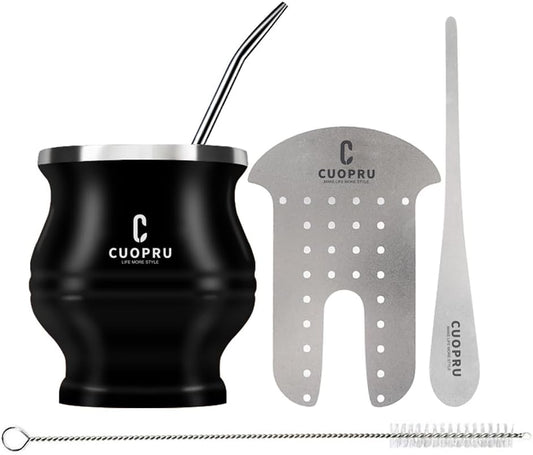 Yerba Mate Cup - Mate Gourd Set Includes Double Walled Stainless Steel Tea Cup, Tea Shaper set, Bombilla Straws, Cleaning Brush