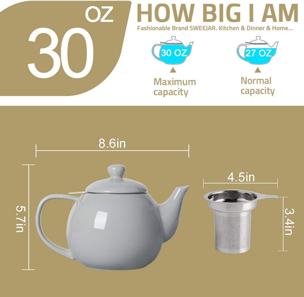 Sweejar Porcelain Teapot with Removable Stainless Steel Infuser,Microwave & Dishwasher Safe Tea Pots for Loose Tea,Tea Infuser Pots for Chrismas Women Gift (30oz White)