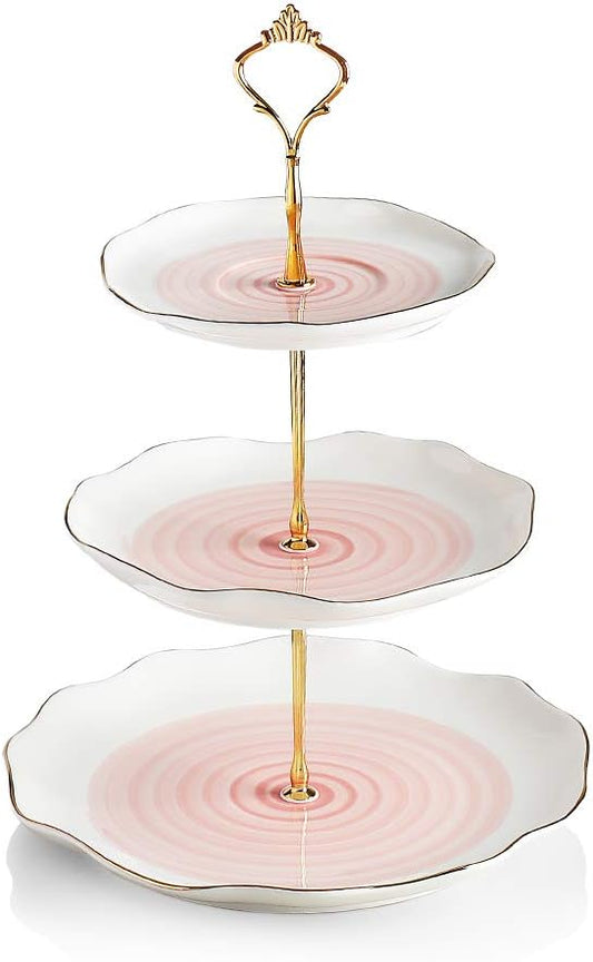 Sweejar 3 Tier Ceramic Cake Stand,Dessert Stand,Cupcake Stand,Tea Party Pastry Serving Platter,Food Display Stand for Tea/Coffee/Birthday/Wedding/Women/Afternoon/Gift - Pink