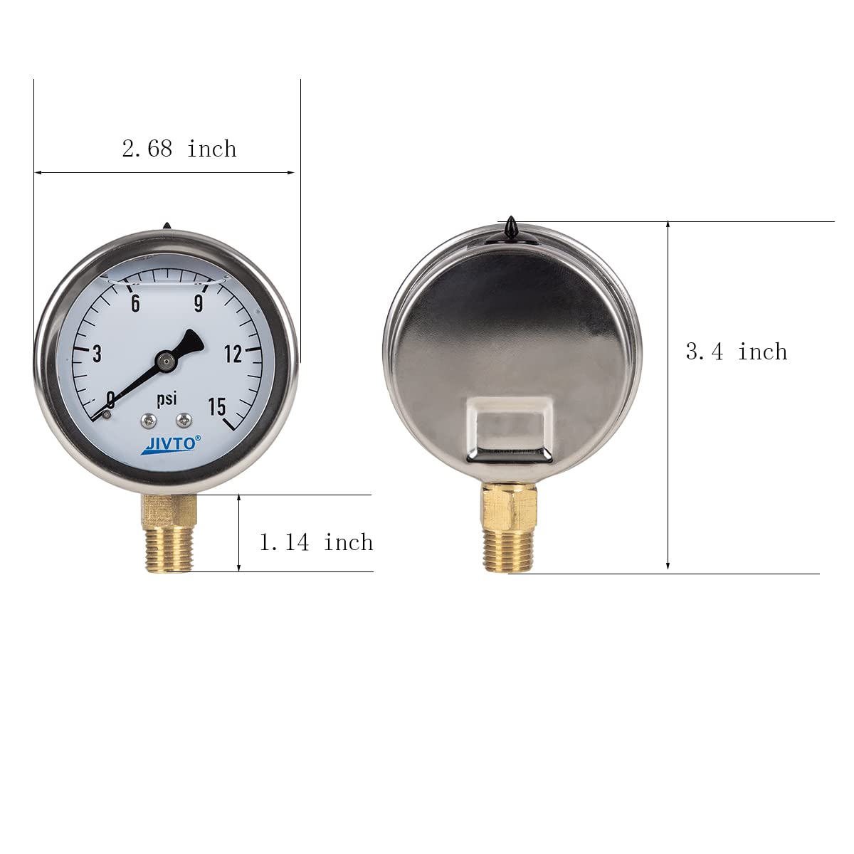 Pressure Gauge,Glycerin Liquid Filled,2.5" Dia,0-15 psi(Single Scale),1/4" NPT Brass Connection,Lower Mount, Stainless Steel Case,for Pneumatic,Pump,Hose,Well Tank,Gas Air Water Oil