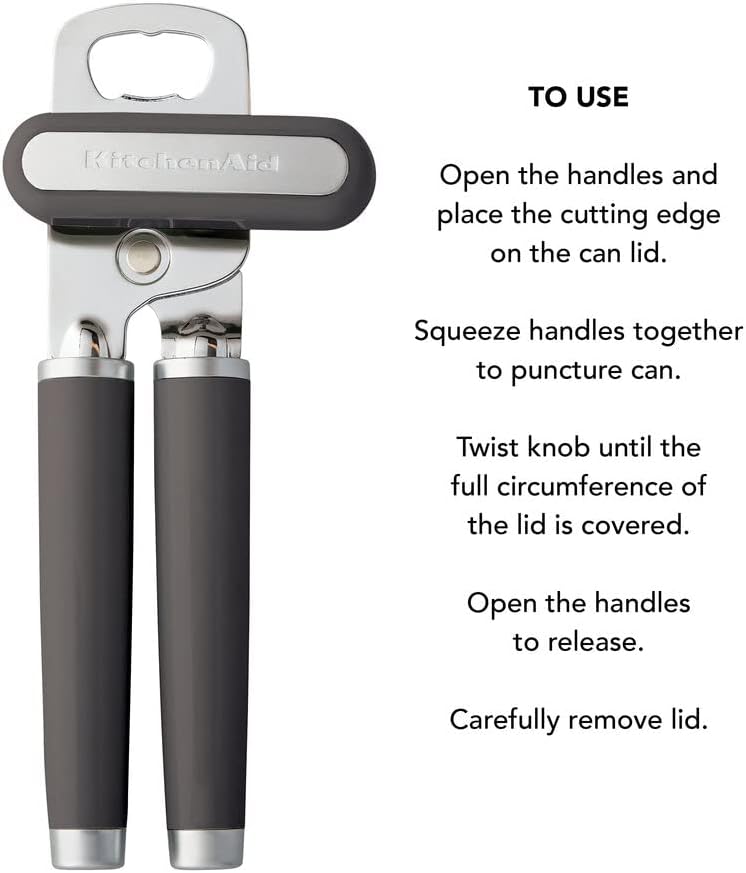 KitchenAid Classic Multifunction Can Opener and Bottle Opener Easy to Use, Razor Sharp Stainless Steel Cutting Wheel, Soft Ergonomic Handles, Charcoal