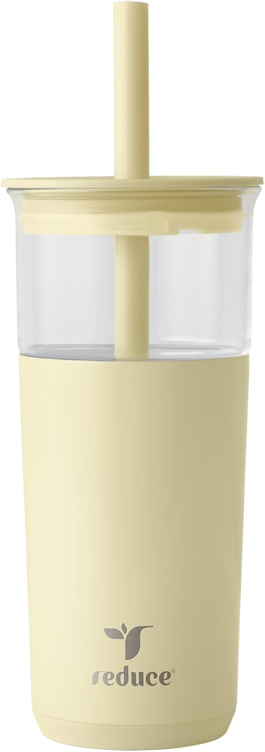 REDUCE Aspen 20 oz Vacuum Insulated Glass Tumbler with Lid & Extra Wide Straw - Keeps Drinks Cold for 12 Hrs - Ideal for Iced Coffee, Smoothies & Boba - Dishwasher Safe, Soft Base - French Vanilla