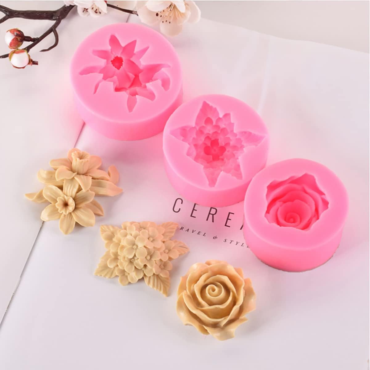 3 Pack Silicone Mold - 3D Flower Shapes: Rose, Peony & Round for Resin Candle & Soap Making