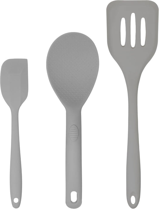 Silicone Utensils 3-Piece Set – Rubber Spatula, Slotted Turner, and Rice Paddle – Complete Heat-Resistant Set for Non-Stick Cookware – Kitchen Tools and Accessories for Cooking & Baking – Grey