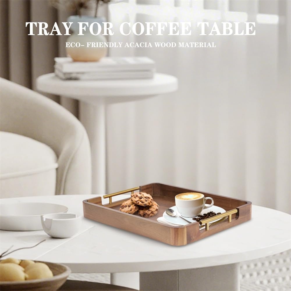 Acacia Wood Serving Tray with Handles, 17x13 Inch Ottoman Tray for Coffee Table,Candle Display,Breakfast in Bed, Large Wooden Decorative Tray with Non-Slip Pads, for Kitchen, Dining, Home Decor