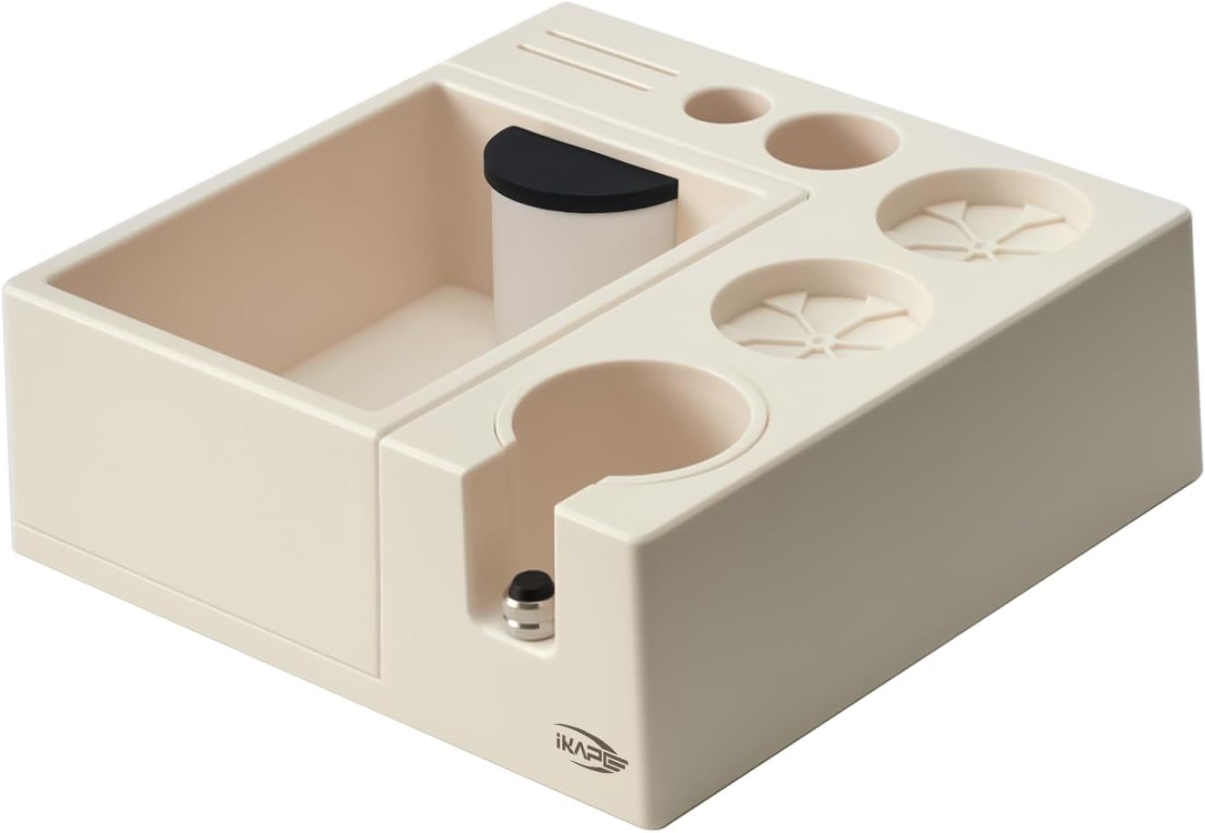 IKAPE Espresso Knock Box, Espresso Coffee Organizer Box Fit for Storage 51, 54, 58MM Espresso Tamper, Distributor, Portafilter & Puck Screen Accessories, Plastic Station Base(White)