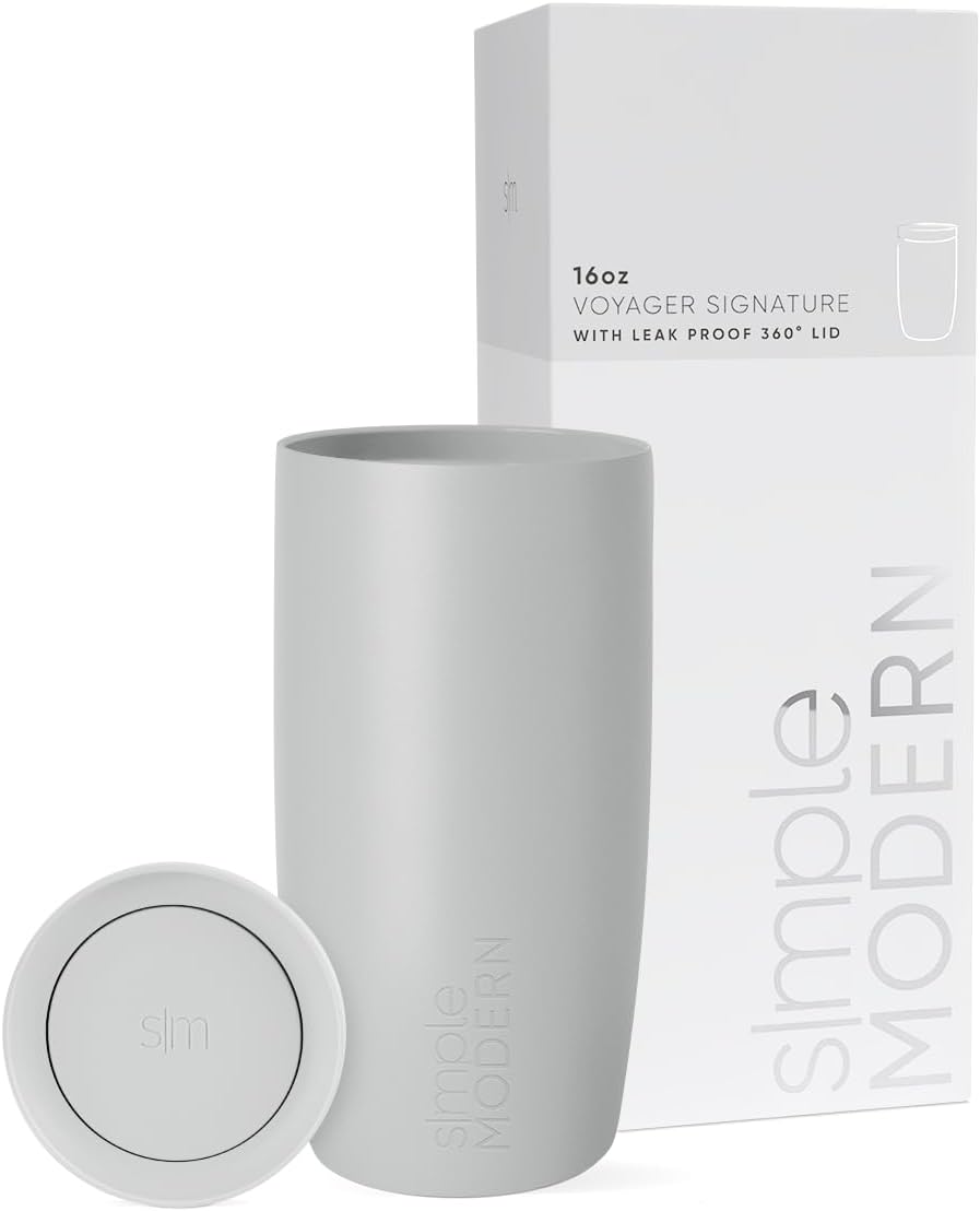 Simple Modern Travel Coffee Mug Tumbler with 360° Lid | Ceramic-Lined Insulated Stainless Steel Cold Brew Iced Coffee Cup Thermos | Gifts for Women Men Her Him | Voyager Signature | 16oz | Ice Gray