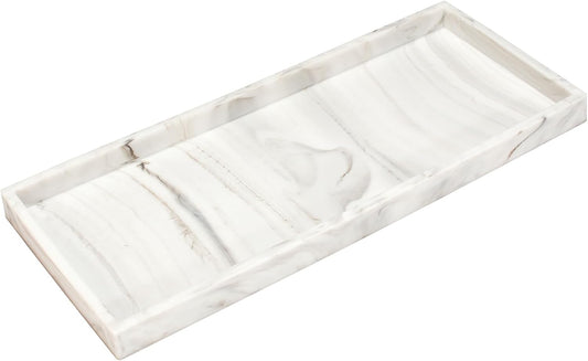 DNC Silicone Bathroom Vanity Tray for Counter, 11.8" Kitchen Sink Soap Tray for Dish Holder Dispenser Countertop Toilet Tank Decor Organizer Marble White