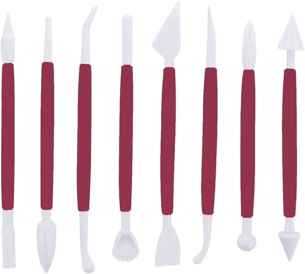 Marshmallow Fondant Cake Decorating Hand Tool 12 Pcs 5 Sets Sugarcraft Gumpaste Icing Smoother Rolling Pin Trimmer Cutter Embosser Flower Scissor Modelling Accessories Supplies Kit Red