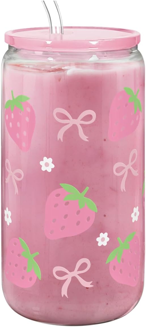 Strawberry 16 Oz Can Glass Tumbler with Acrylic Lid and Straw - Iced Coffee Cups for Women, Aesthetic Glass Cup Gift for Birthday Christmas