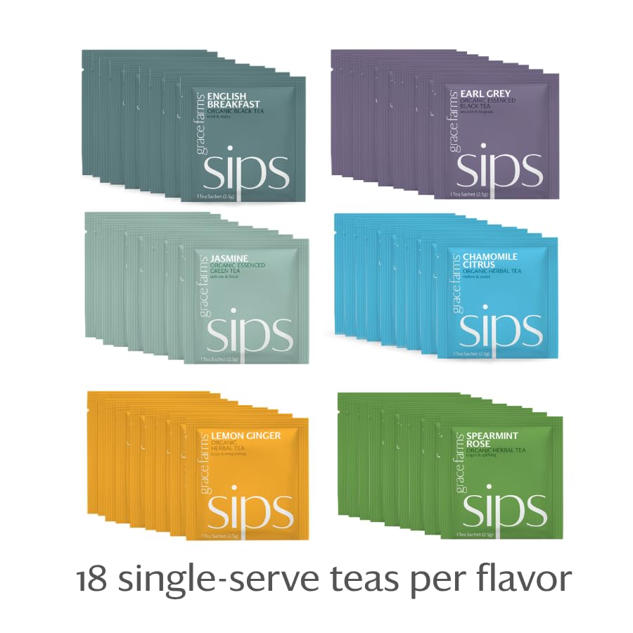 Grace Farms Tea Variety 108 Count Envelopes | Black, Green, and Herbal Individually Wrapped Tea Bags (6 flavors × 18 each) | Fair Trade, USDA Organic, Kosher Tea Variety Pack