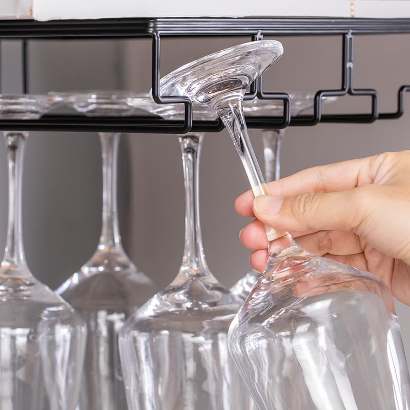 Wine Cup Holder Table Decoration Storage Hanger Metal Organizer for Bar Kitchen Stemware Rack Under Cabinet Stainless Steel Hanger Storage Shelf Black (Black, 4 Rows 1 Pack)